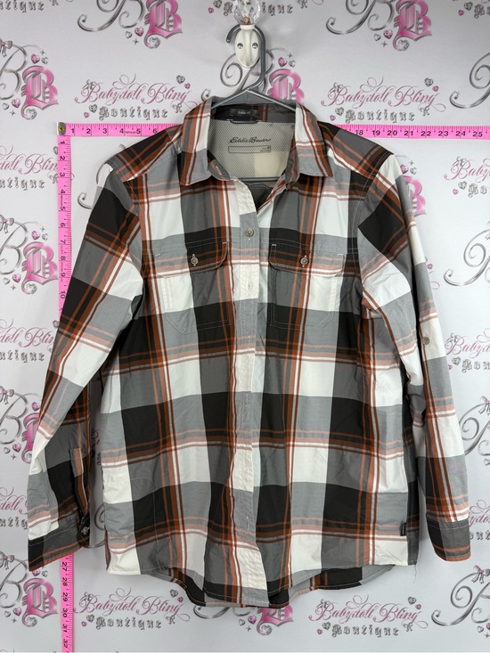 Eddie Bauer Tops - Eddie Bauer classic fit shirt top Plaid Button-Up Shirt in White, Gray & Brown
